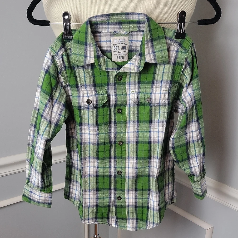 THE CHILDREN'S PLACE **3 for $20‎ item** Green Plaid Flannel Button Down Shirt S